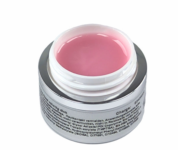 Sonder-Edition: 30 ml. LED/UV-Gel Fiberglas rosa milchig dickviskose,  Aufbaugel, 1Phasen, Tiegel Silber