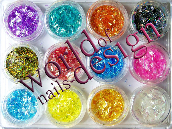 𝗔𝗨𝗦𝗩𝗘𝗥𝗞𝗔𝗨𝗙 - Nailart - 12er Set Glitter Fäden - 12 Döschen Sparkle Glimmer Stäbchen - 12 Farben im Schraubdöschen + Box